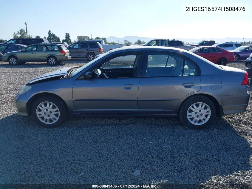 2004 Honda Civic Lx VIN: 2HGES16574H508476 Lot: 39849436