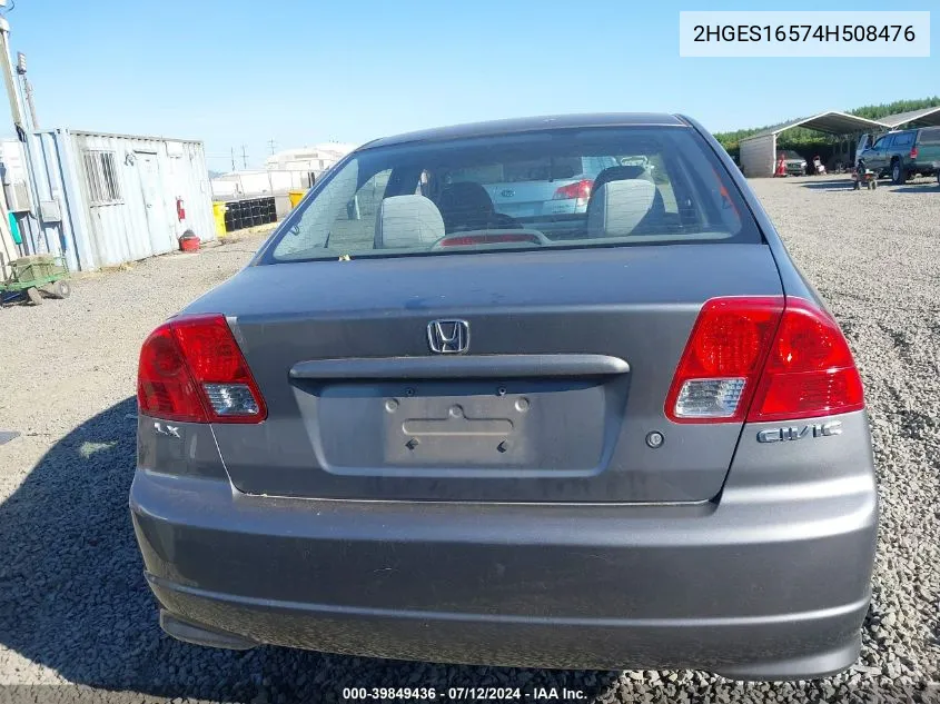 2004 Honda Civic Lx VIN: 2HGES16574H508476 Lot: 39849436