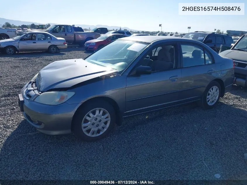 2004 Honda Civic Lx VIN: 2HGES16574H508476 Lot: 39849436