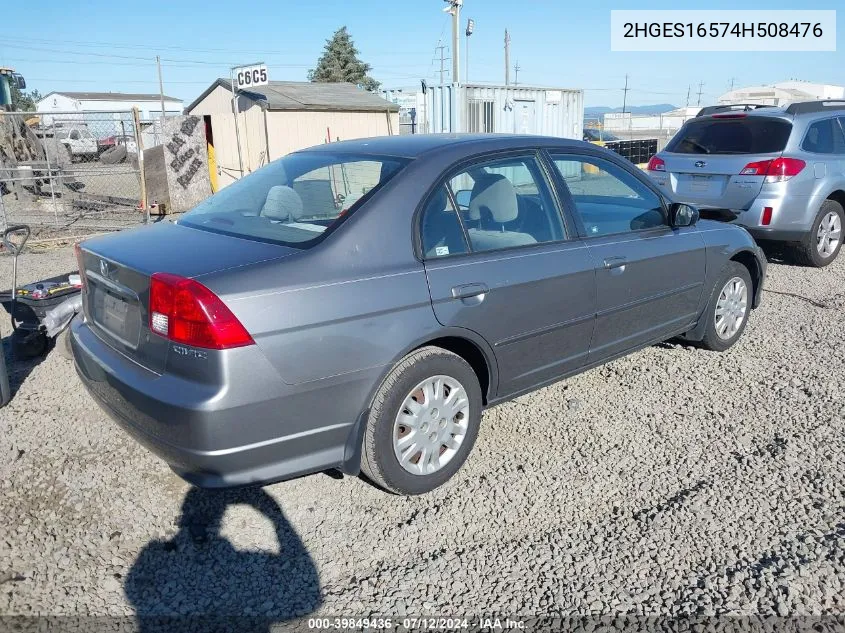 2004 Honda Civic Lx VIN: 2HGES16574H508476 Lot: 39849436