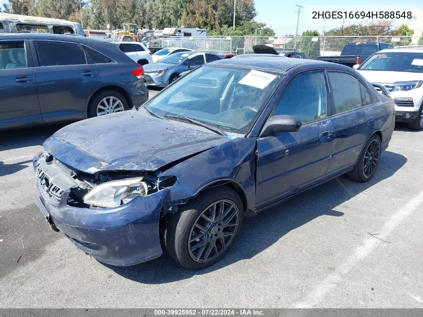 2004 Honda Civic Lx VIN: 2HGES16694H588548 Lot: 39925952