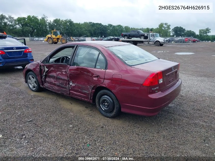 2004 Honda Civic Ex VIN: 2HGES26764H626915 Lot: 39982871