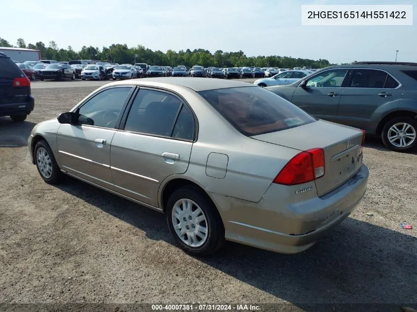 2004 Honda Civic Lx VIN: 2HGES16514H551422 Lot: 40007381