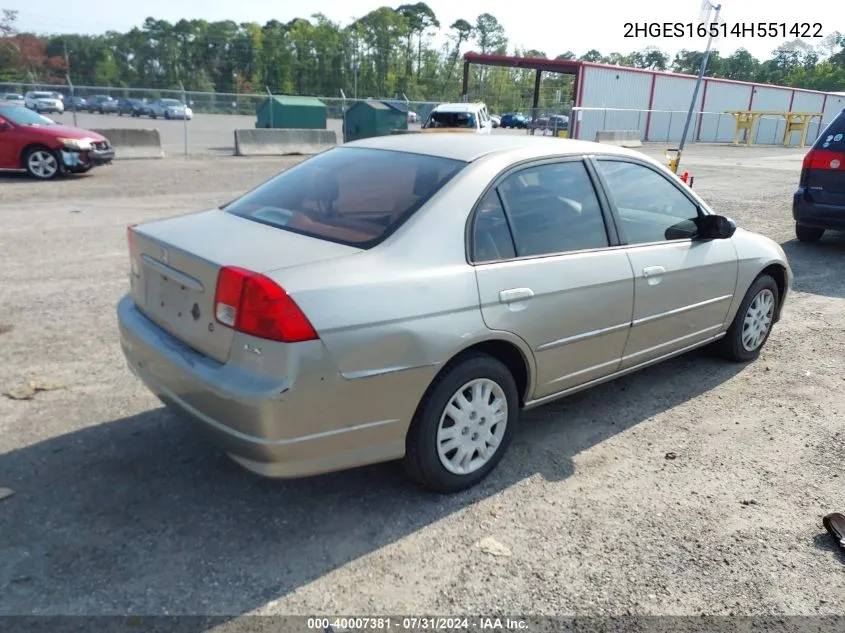 2004 Honda Civic Lx VIN: 2HGES16514H551422 Lot: 40007381