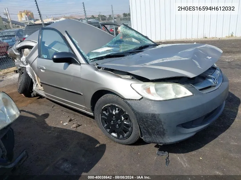 2004 Honda Civic Lx VIN: 2HGES16594H612032 Lot: 40038642