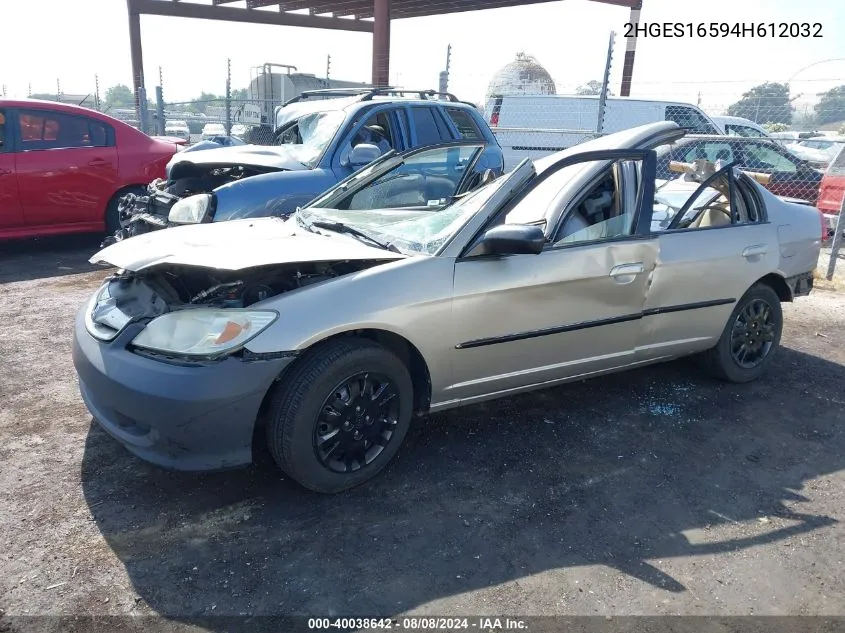 2004 Honda Civic Lx VIN: 2HGES16594H612032 Lot: 40038642