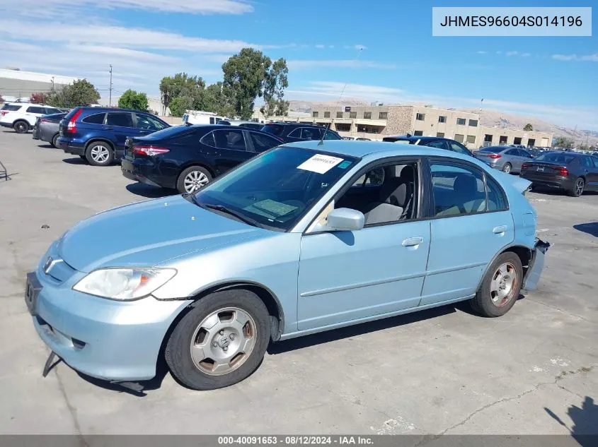 2004 Honda Civic Hybrid VIN: JHMES96604S014196 Lot: 40091653