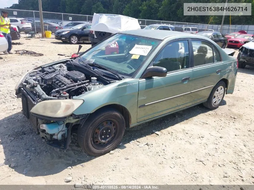 2004 Honda Civic Vp VIN: 2HGES16384H626714 Lot: 40118525