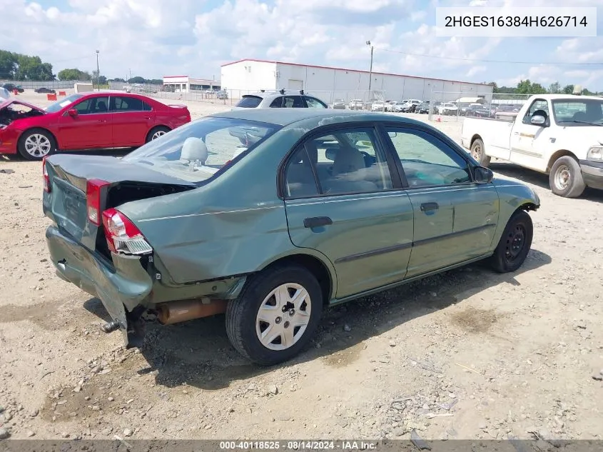 2004 Honda Civic Vp VIN: 2HGES16384H626714 Lot: 40118525