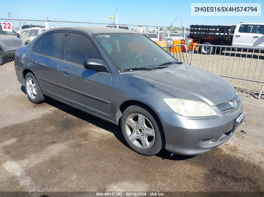 2004 Honda Civic Lx VIN: 2HGES165X4H574794 Lot: 40137392