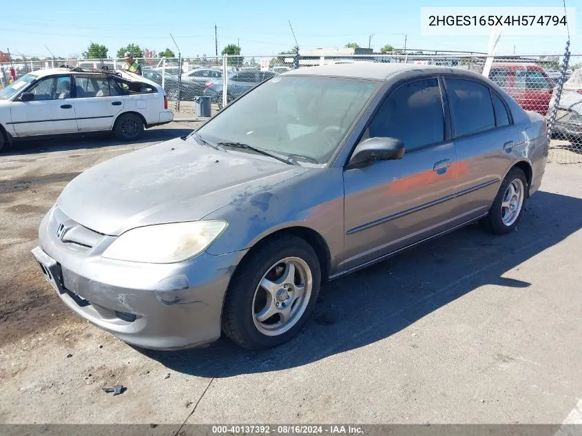 2004 Honda Civic Lx VIN: 2HGES165X4H574794 Lot: 40137392