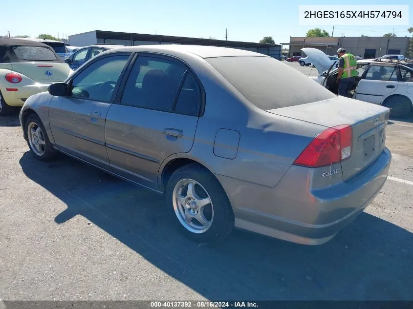 2004 Honda Civic Lx VIN: 2HGES165X4H574794 Lot: 40137392