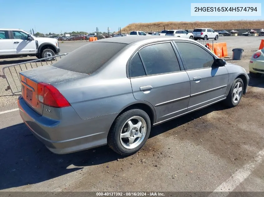 2004 Honda Civic Lx VIN: 2HGES165X4H574794 Lot: 40137392