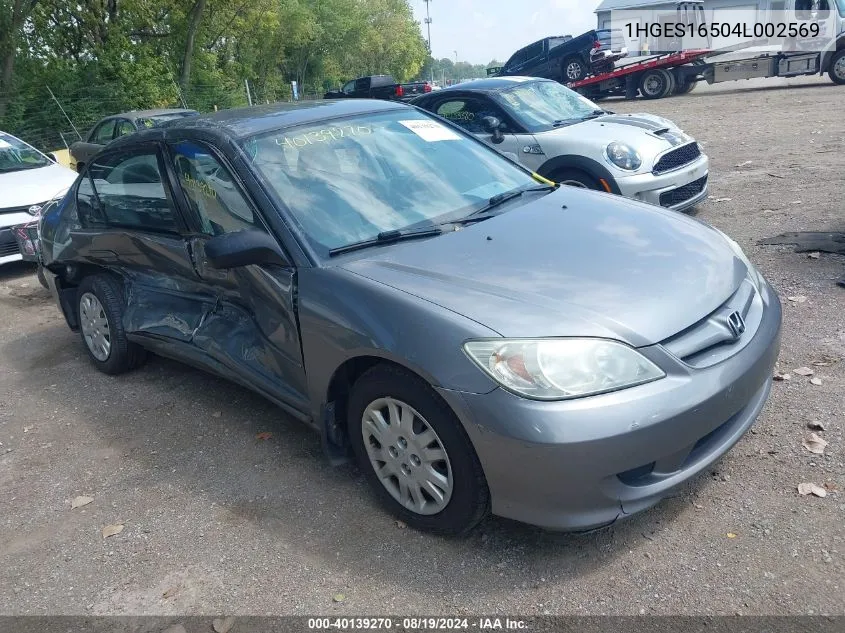 2004 Honda Civic Lx VIN: 1HGES16504L002569 Lot: 40139270