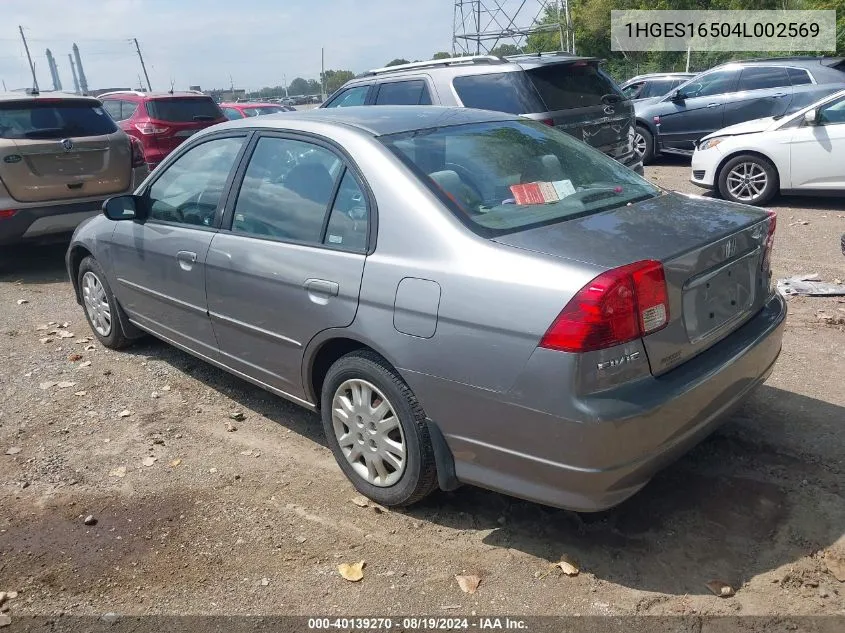 2004 Honda Civic Lx VIN: 1HGES16504L002569 Lot: 40139270