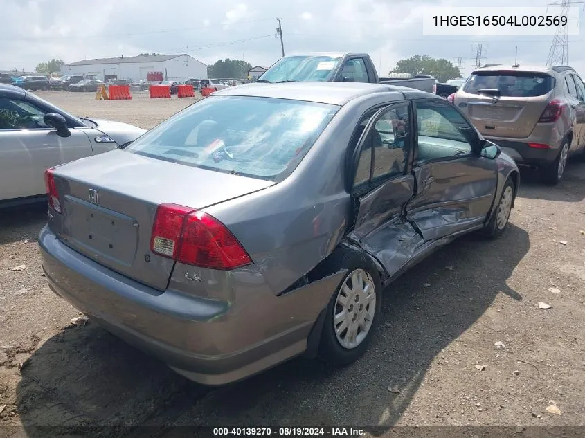 2004 Honda Civic Lx VIN: 1HGES16504L002569 Lot: 40139270