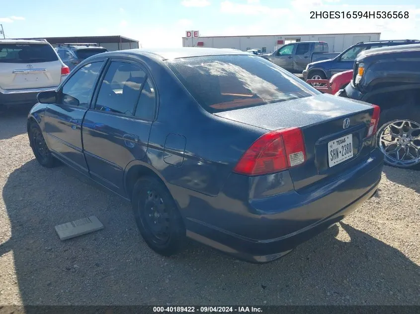 2004 Honda Civic Lx VIN: 2HGES16594H536568 Lot: 40189422