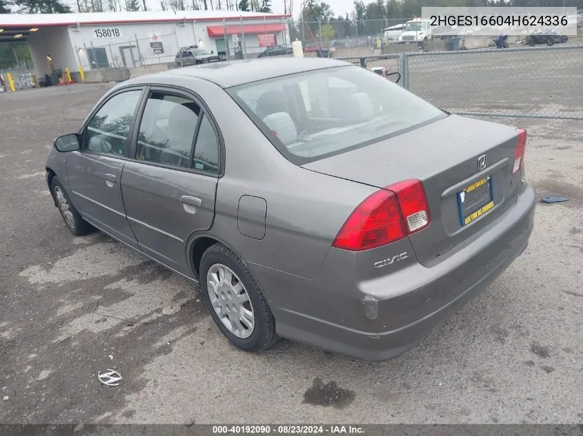 2004 Honda Civic Lx VIN: 2HGES16604H624336 Lot: 40192090