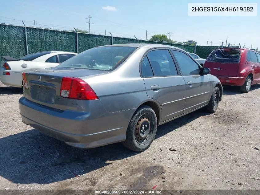 2004 Honda Civic Lx VIN: 2HGES156X4H619582 Lot: 40208569