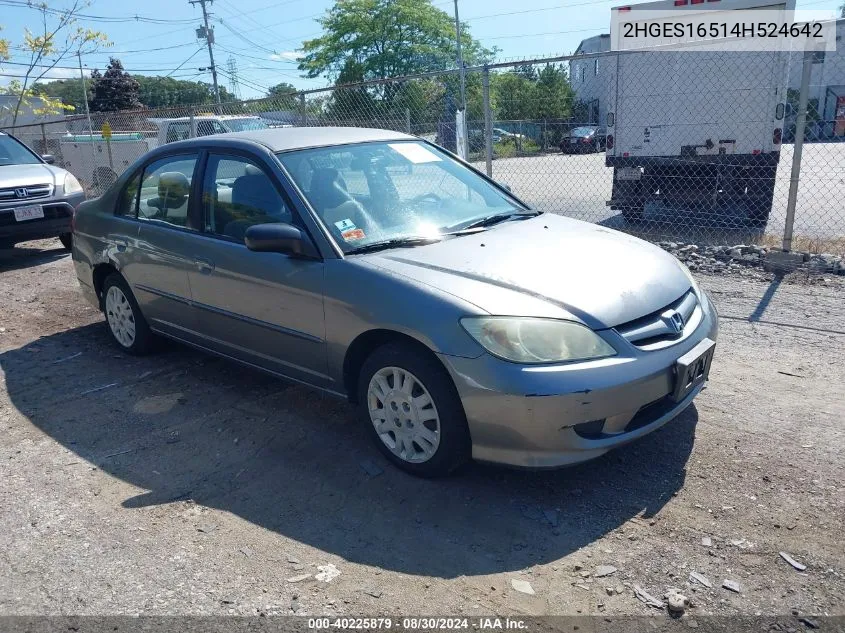 2004 Honda Civic Lx VIN: 2HGES16514H524642 Lot: 40225879