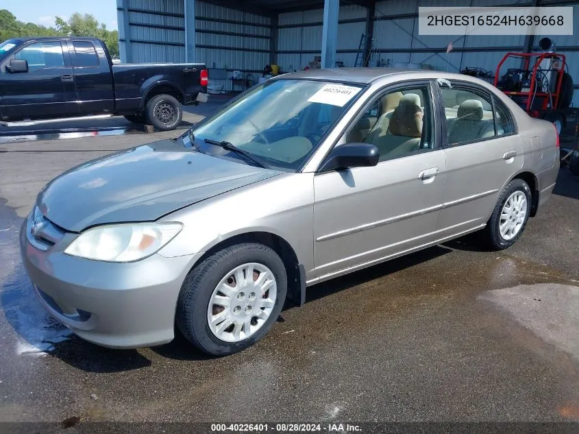 2004 Honda Civic Lx VIN: 2HGES16524H639668 Lot: 40226401