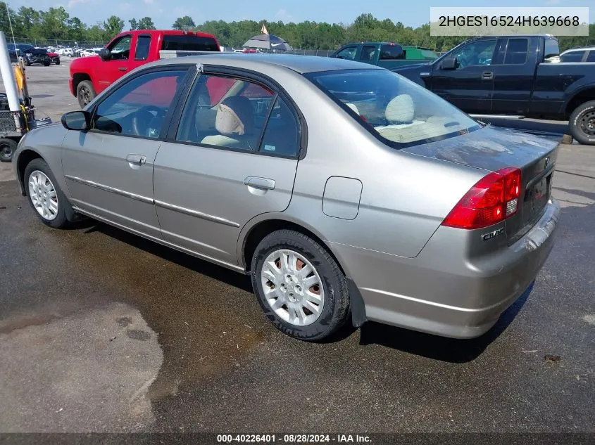 2004 Honda Civic Lx VIN: 2HGES16524H639668 Lot: 40226401