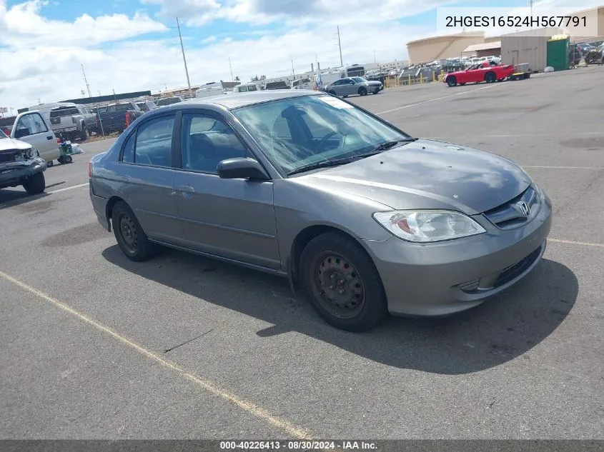 2004 Honda Civic Lx VIN: 2HGES16524H567791 Lot: 40226413