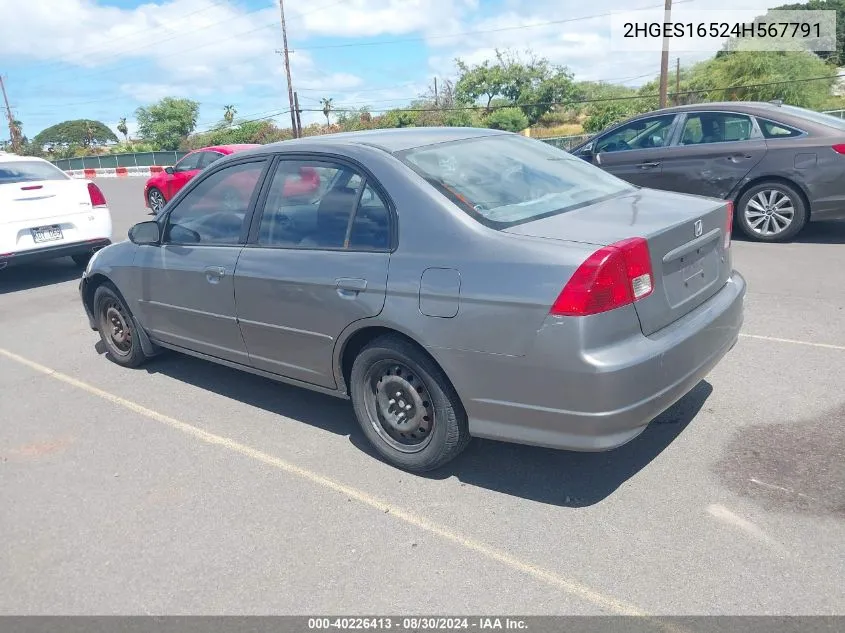 2004 Honda Civic Lx VIN: 2HGES16524H567791 Lot: 40226413