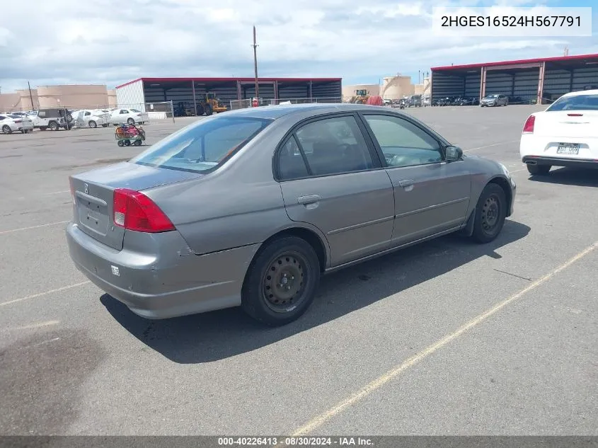 2004 Honda Civic Lx VIN: 2HGES16524H567791 Lot: 40226413