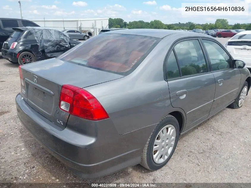 2004 Honda Civic Lx VIN: 2HGES16564H610836 Lot: 40231509