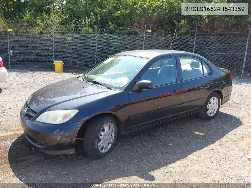 2004 Honda Civic Lx VIN: 2HGES16524H543359 Lot: 40233373