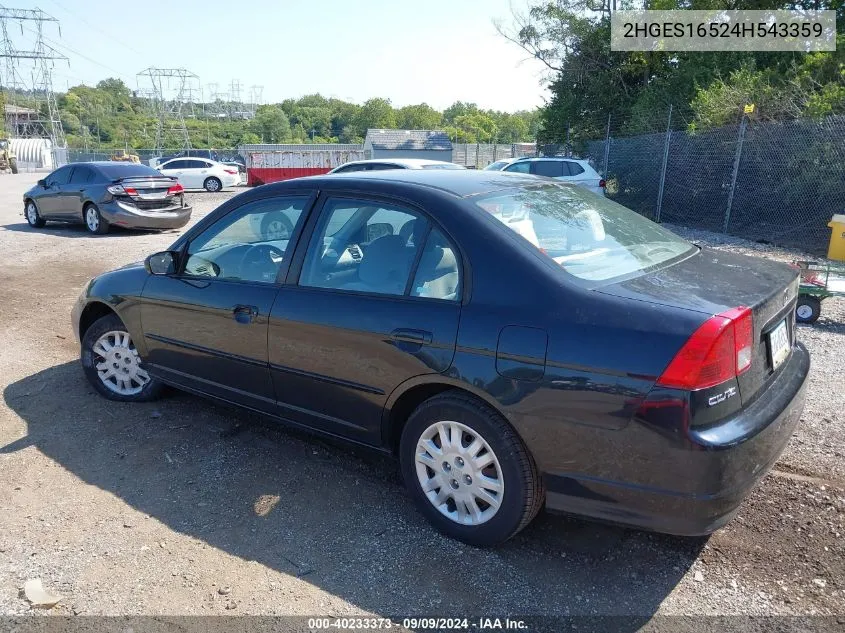 2004 Honda Civic Lx VIN: 2HGES16524H543359 Lot: 40233373