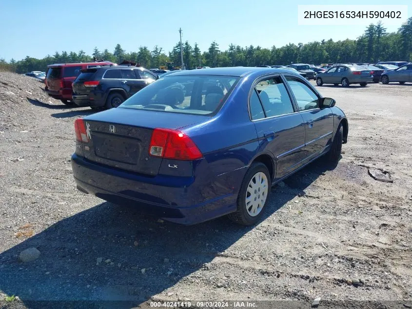 2004 Honda Civic Lx VIN: 2HGES16534H590402 Lot: 40241419