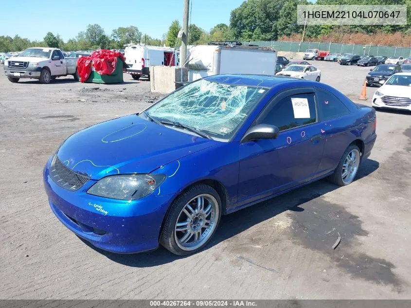 2004 Honda Civic Vp VIN: 1HGEM22104L070647 Lot: 40267264