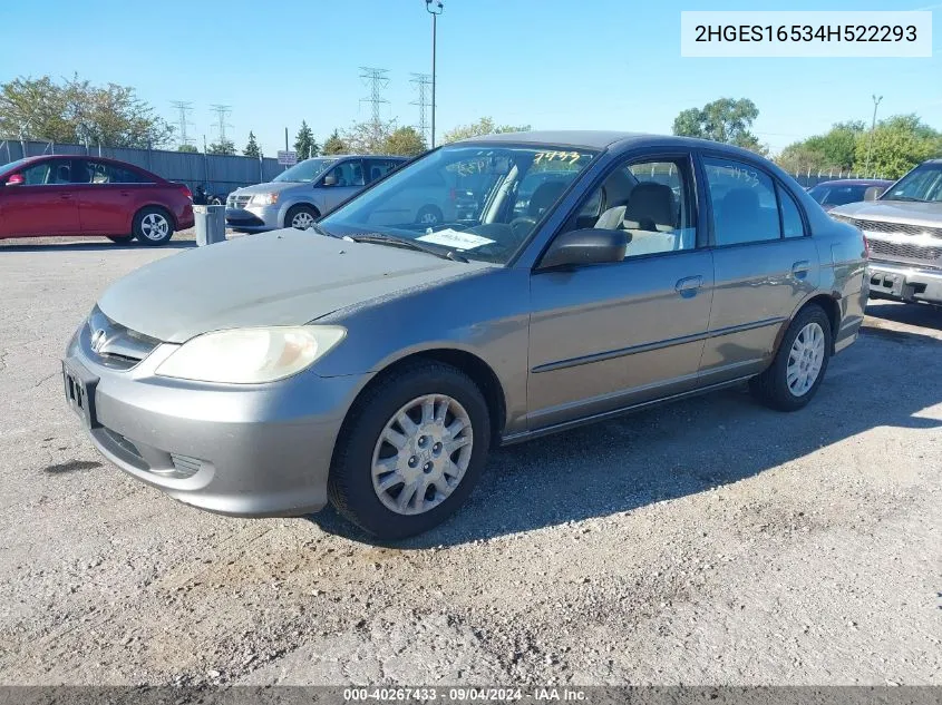 2004 Honda Civic Lx VIN: 2HGES16534H522293 Lot: 40267433