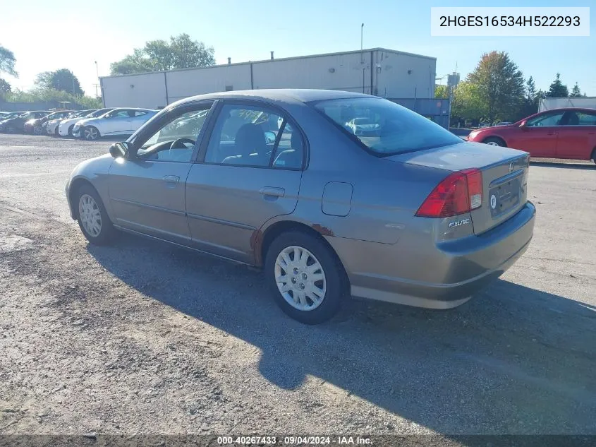 2004 Honda Civic Lx VIN: 2HGES16534H522293 Lot: 40267433