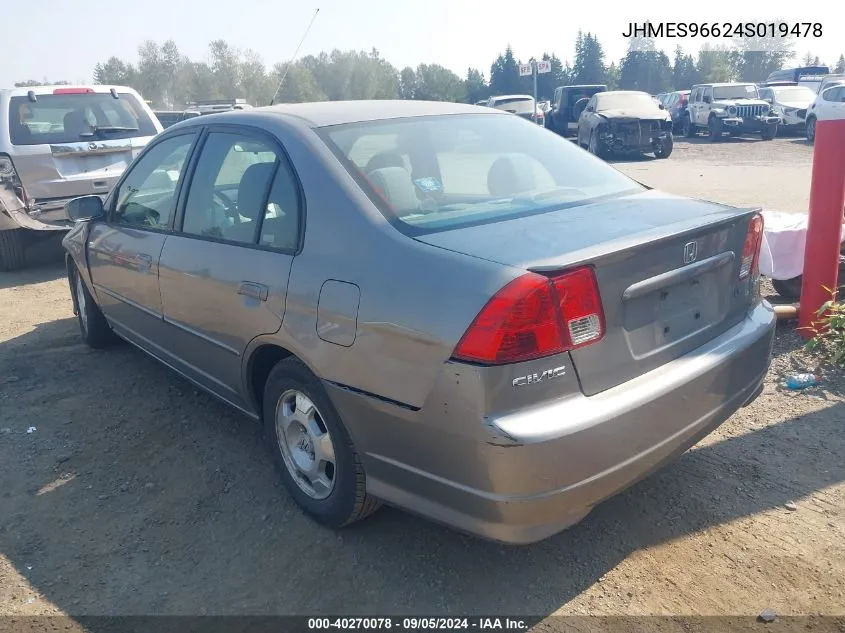 2004 Honda Civic Hybrid VIN: JHMES96624S019478 Lot: 40270078