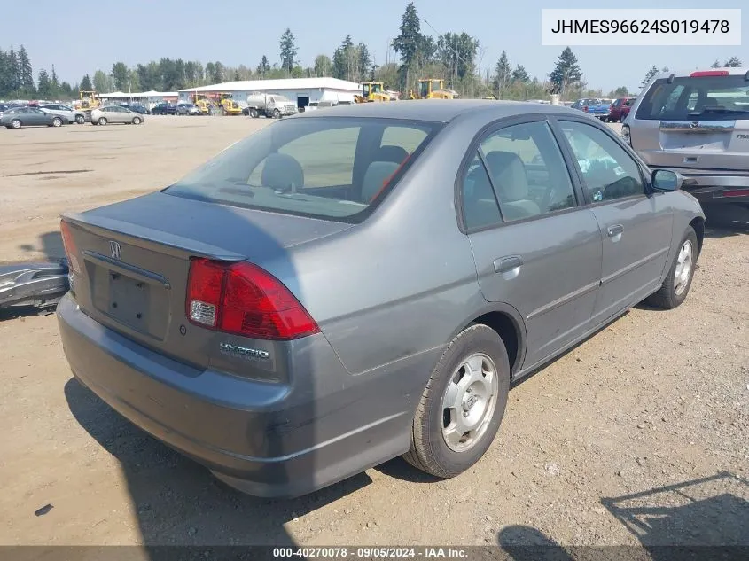 2004 Honda Civic Hybrid VIN: JHMES96624S019478 Lot: 40270078