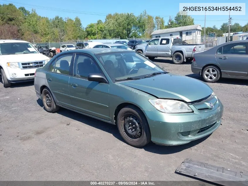 2004 Honda Civic Lx VIN: 2HGES16534H554452 Lot: 40270237