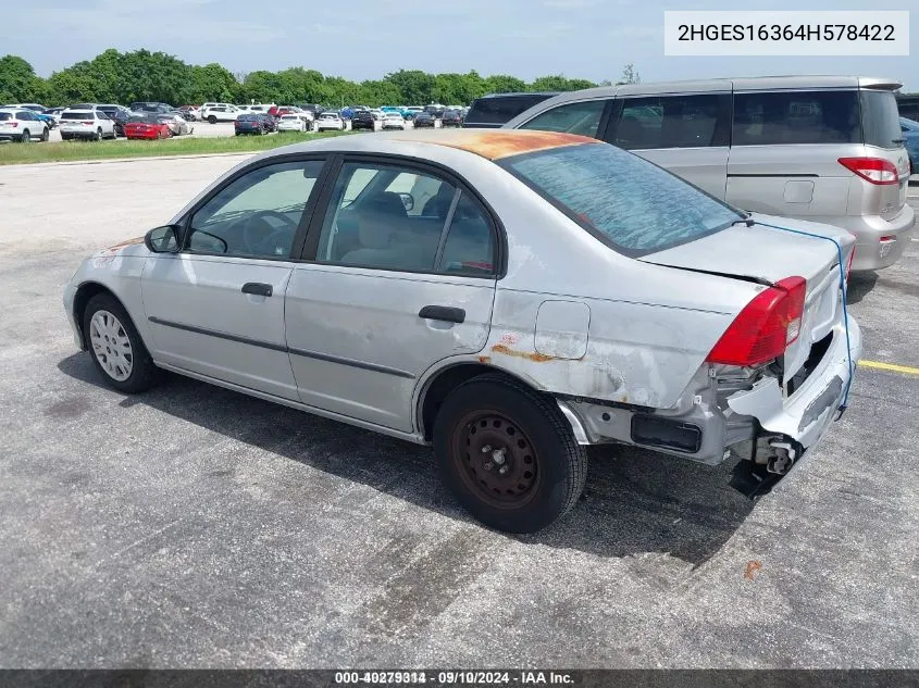 2004 Honda Civic Vp VIN: 2HGES16364H578422 Lot: 40279314