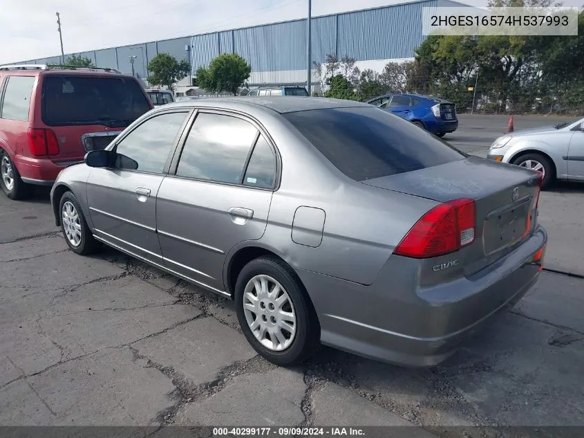 2004 Honda Civic Lx VIN: 2HGES16574H537993 Lot: 40299177