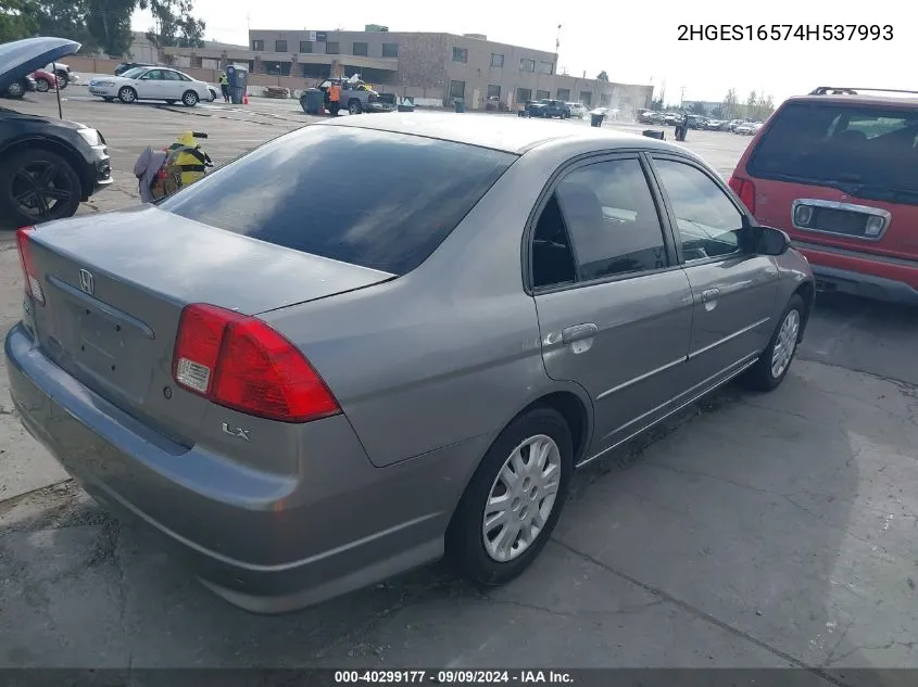 2004 Honda Civic Lx VIN: 2HGES16574H537993 Lot: 40299177