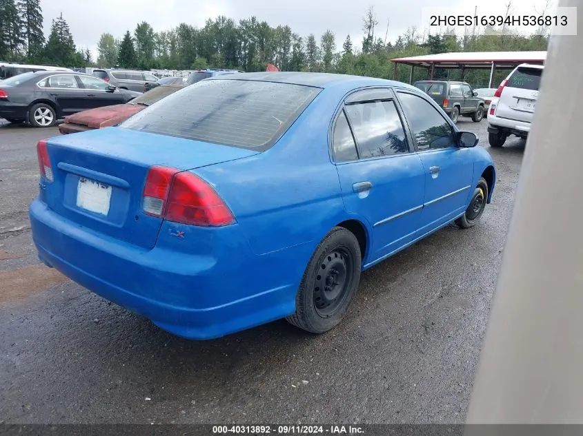 2004 Honda Civic Vp VIN: 2HGES16394H536813 Lot: 40313892