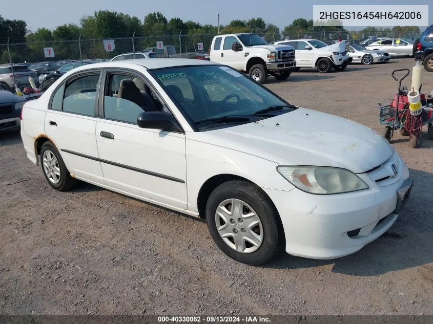 2004 Honda Civic Dx VIN: 2HGES16454H642006 Lot: 40330082