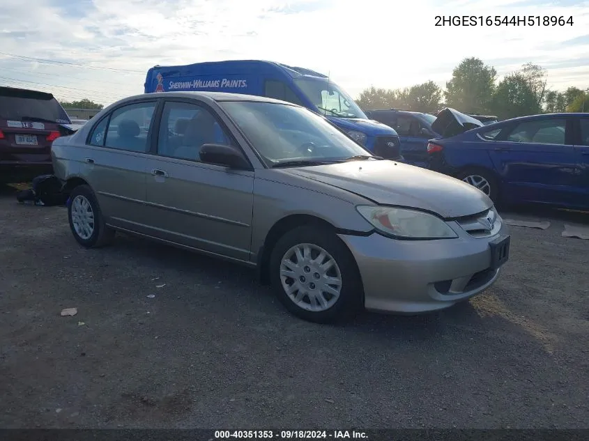 2004 Honda Civic Lx VIN: 2HGES16544H518964 Lot: 40351353