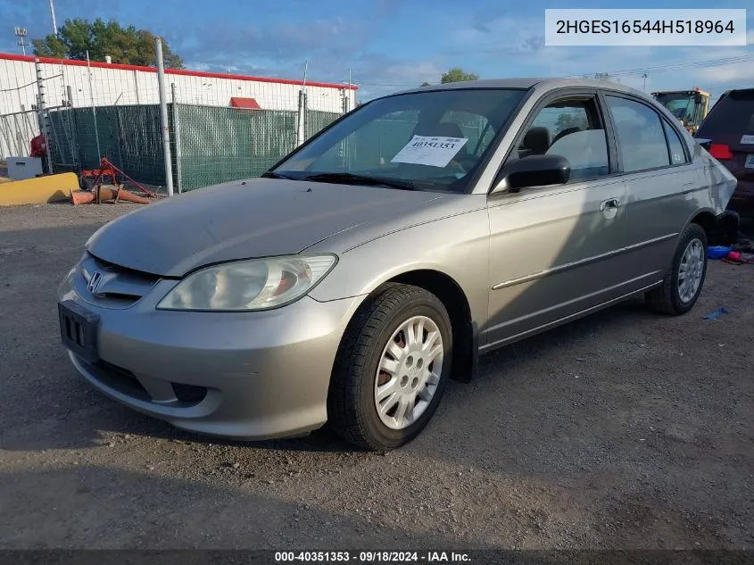 2004 Honda Civic Lx VIN: 2HGES16544H518964 Lot: 40351353