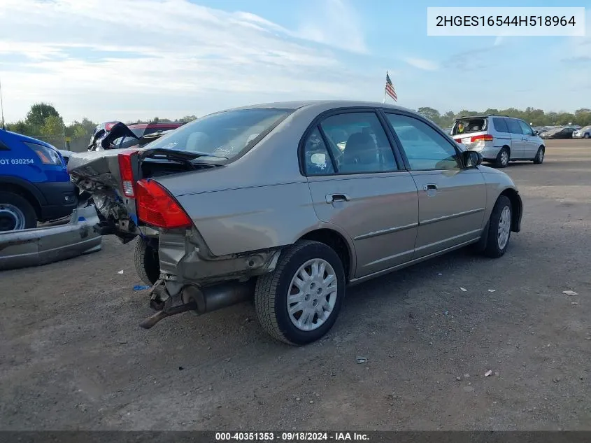 2004 Honda Civic Lx VIN: 2HGES16544H518964 Lot: 40351353