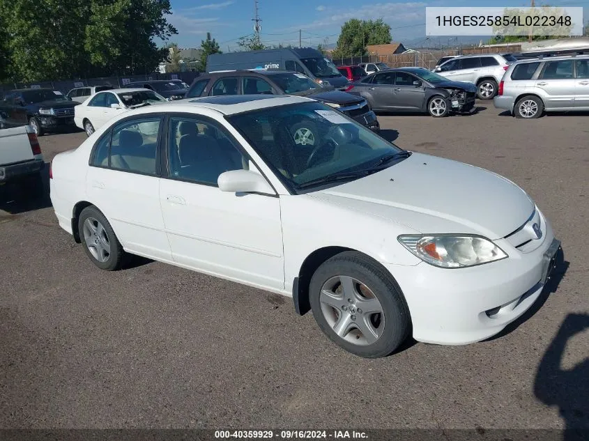 2004 Honda Civic Ex VIN: 1HGES25854L022348 Lot: 40359929