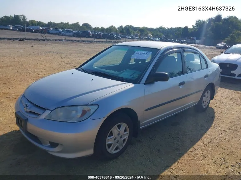 2004 Honda Civic Vp VIN: 2HGES163X4H637326 Lot: 40376616