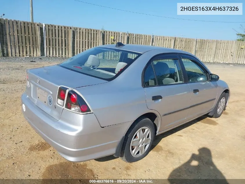 2004 Honda Civic Vp VIN: 2HGES163X4H637326 Lot: 40376616